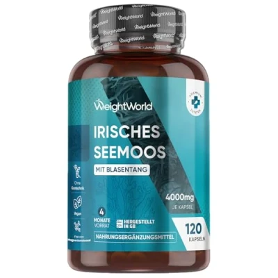 Abbildung von Irisches Seemoos 4000mg 120 Kapseln mit Blasentang 4 Monate Vorrat 1 Kapsel täglich Frei von Magnesiumstearat Vegan Ohne Gentechnik WeightWorld