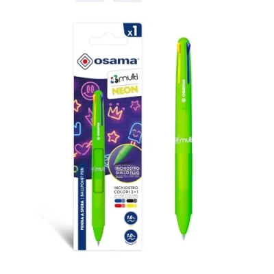 Abbildung von OSAMA 4 Multi Neon Kugelschreiber, mehrfarbig, 1,0 mm, bunte Stifte, personalisierte Farben, Tinte Schwarz, Blau, Rot und Neongelb (Mine 1,6 mm), Schreibwaren Schule Büro Universität