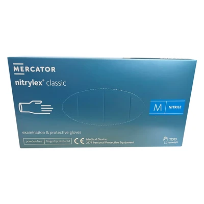 Abbildung von MERCATOR MEDICAL Nitrilhandschuhe, puderfreie Einweghandschuhe NITRYLEX CLASSIC, Größe: M 100 Stück, texturierte Fingerspitzen, latexfreie Einmalhandschuhe, Nitril handschuhe, blau