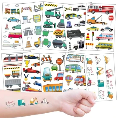 Abbildung von Tattoo Kinder, 10 Blätter Fahrzeuge Temporäre Kindertattoos, Trecker Polizei Auto Baufahrzeug Tattoos für Jungen Mädchen Party Mitgebsel Kindergeburtstags