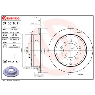Abbildung von BREMBO 09.D618.11 Bremsscheibe 345 18 5 innenbelüftet beschichtet TOYOTA: Land Cruiser 200, Sequoia II, LEXUS: LX III