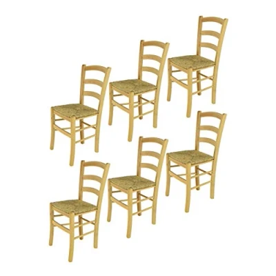 Abbildung von t m c s Tommychairs 6er Set Stühle Venice für Küche und Esszimmer, robuste Struktur aus lackiertem Buchenholz im Farbton Naturfarben Sitzfläche Stroh