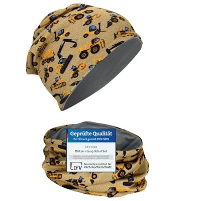 Abbildung von HECKBO Beanie Kinder Jungen Mütze &amp; Loop Schal Set Wendemütze Einhorn Unicorn 2 8 Jahren 95% Baumwolle weiches pflegeleichtes Stretch Material