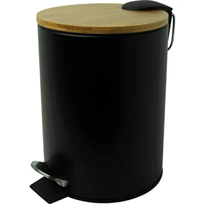 Abbildung von helit H2404495 Tret Abfallbehälter „the bamboo“, 3 Liter, mit Bambus Deckel, Behälter aus Metall, leise schließend, schwarz, 1 Stück