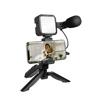 Abbildung von LogiLink Vlogger Kit mit LED Licht (36 LEDs), Shotgun Mikrofon + Stativ, für 4,77&quot; Smartphones, Schwarz