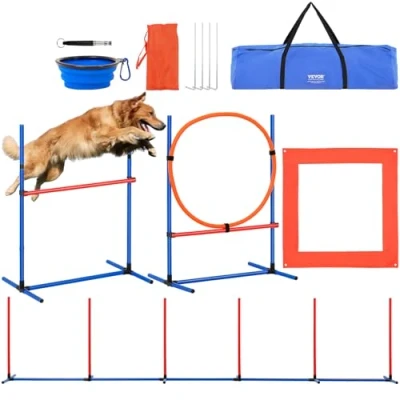 Abbildung von VEVOR Agility Set Hunde, 4 teiliges mit verstellbaren hohen Hürden, 6 Slalomstangen, Sprungring, quadratischer Pausenbox, Pfeife, Faltbarer Schüssel, Hindernisparcours für Welpen