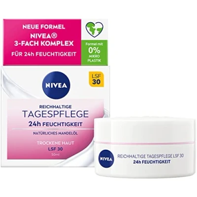 Abbildung von NIVEA Reichhaltige Tagespflege 24h Feuchtigkeit (50 ml), Gesichtscreme für trockene Haut mit LSF 30, feuchtigkeitsspendende Tagescreme natürlichem Mandelöl
