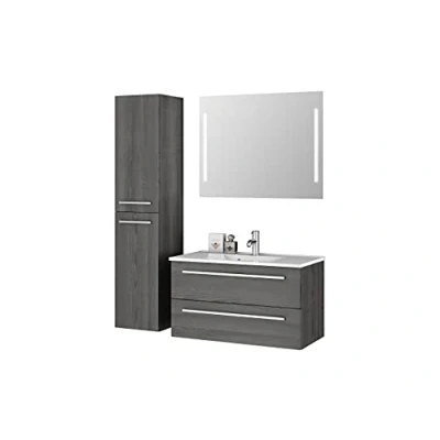 Abbildung von Sieper I Badmöbel Set Libato, Waschtisch mit Unterschrank 90 x 50 cm, Hochschrank und Badspiegel Pinie Schwarz