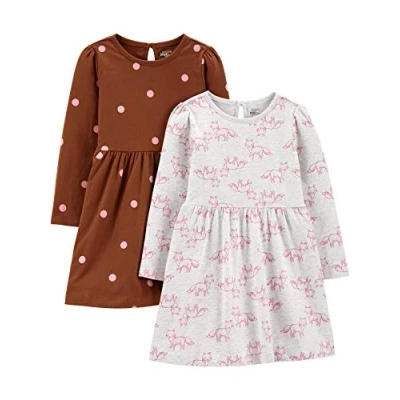 Abbildung von Simple Joys by Carter&#039;s Baby Mädchen 2 Pack Long Sleeve Dress Set Lässiges Kleid, Braun Punkte/Grau Meliert Fuchs, 12 Monate (2er Pack)