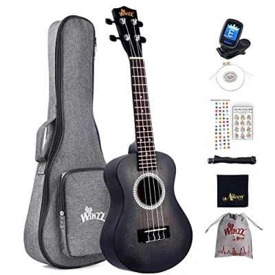Abbildung von Winzz 23&quot; Ukulele Konzert Anfänger Set Kinder Erwachsene, Einzigartiges Farbdesign, mit Tasche, Stimmgerät, Zusätzlichen Saiten, Gurt, Noten Aufkleber (Schwarz)