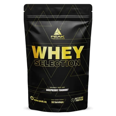Abbildung von PEAK Whey Selection 900g Geschmack Raspberry Yoghurt I 30 Portionen für Muskelaufbau Proteinquelle: Konzentrat, Isolat, Hydrolysat + freies L Leucin mit Laktase