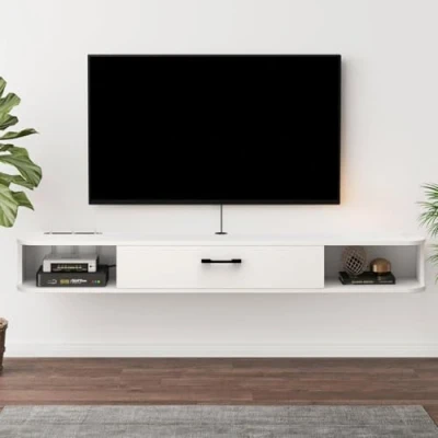 Abbildung von Pmnianhua schwebende TV Einheit, wandmontierter Schrank, Regale mit Schublade, moderne Unterhaltungs Medienkonsole, großer Stauraum, Bank für Wohnzimmer und Büro (140 cm, Weiß)