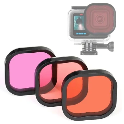 Abbildung von GEPULY Tauchfilter für GoPro Hero12, 11, 10, 9, 8, wasserdichtes Gehäuse (Rot, Hellrot, Magenta Filter), professionelle Farbkorrektur beim Tieftauchen, Schnorcheln, Unterwasserfotografie, 3 Stück