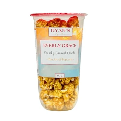 Abbildung von Everly Grace Popcorn Crunchy Caramel Clouds, 60 g Popcornbecher mit süßem Karamell und Bourbon Vanille, handgemacht in Deutschland