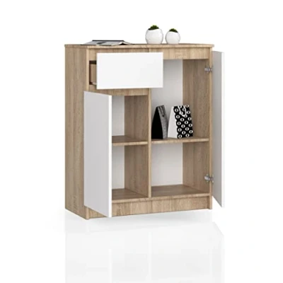 Abbildung von BDW Kommode mit 1 Schublade und Zwei Türen, Sideboard, Multifunktionsschrank, Wohnzimmer, Esszimmer 80x99x40cm VIELE Farben! (Sonoma Eiche Weiß)