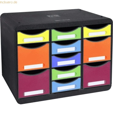 Abbildung von Exacompta 313798D Ablagebox Iderama aus Recycling Kunststoff mit 11 individuell platzierbaren Schubladen. Schubladenbox im Querformat für mehr Ordnung. Store Box Multi Blauer Engel schwarzbunt