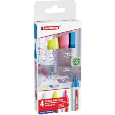 Abbildung von edding 95 Glasmarker bunte Farben 4 Stifte Rundspitze 1,5 3 mm zum Schreiben und Markieren auf Glasoberflächen wie Fenster, Glasboards, Whiteboards trocken abwischbar
