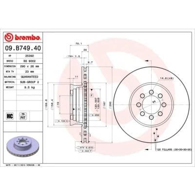 Abbildung von BREMBO 09.B749.40 Bremsscheibe 290 26 8 innenbelüftet hochgekohlt MERCEDES BENZ: Vario Kipper, Kasten / Kombi, Sprinter 5 T Pritsche/Fahrgestell