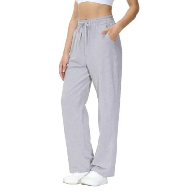 Abbildung von HMIYA Jogginghose Damen Baumwolle Freizeithose Lang offenem Boden Yogahose Sporthose Geradem Bein Hose mit Taschen(Grau L)