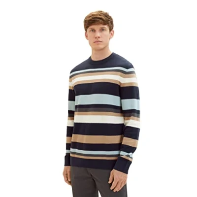 Abbildung von TOM TAILOR Herren 1038200 Strickpullover mit Streifen aus Baumwolle, 32762 navy Knitted Multi Stripe, S