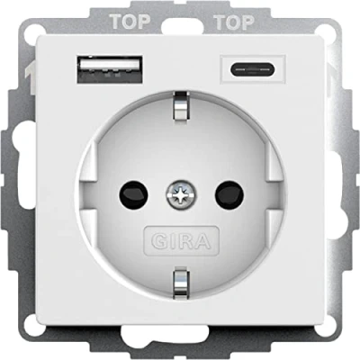 Abbildung von Gira 245927 SchukoSteckdose USB Anschluss Shutter Berührungsschutz 2 fach Typ A(max.2,4A) C(max.3A) System 55 Reinweiß Matt UP Unterputz Schutzkontaktsteckdose Wandsteckdose Smartphone Tablet 32mm