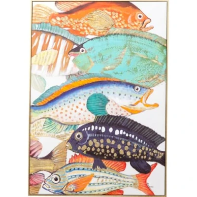 Abbildung von Kare Design Bild Touched Fish Meeting Two Bunt, Leinwandbild, Wanddekoration, Canvas, Massivholz Rahmen, handgemalte Details, Wohnzimmer, Schlafzimmer, Flur, 100x75x3,5cm