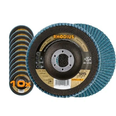 Abbildung von RHODIUS LSZ F3, 10 Stück Ø 125 mm K40 Fächerscheiben, Made in Germany, Metall Schleifscheibe für Winkelschleifer, Fächerschleifscheiben, Lamellenscheibe