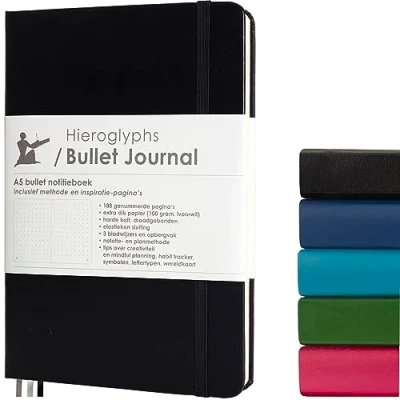 Abbildung von Bullet Journal/dotted notitieboek A5 met Nederlandstalige methode genummerde pagina’s, opbergvak, 3 leeswijzers, elastieken sluiting van Hieroglyphs