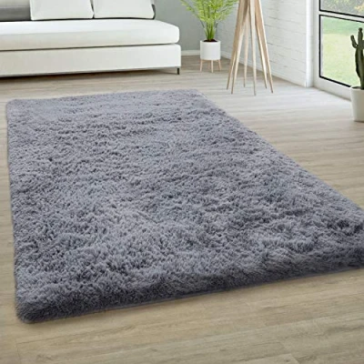 Abbildung von Paco Home Hochflor Teppich Wohnzimmer rutschfest Fellteppich Shaggy Flauschig Weich Modern Kunstfell Fell Imitat Einfarbig, Grösse:120x170 cm, Farbe:Grau