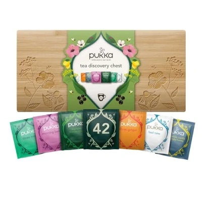Abbildung von Pukka Tee Geschenkset, Bio Box &quot;Wohlfühlbox&quot;, Manuka Honig, Matcha, Aus nachhaltigem Bambus, Set, Geschenkidee, 6 Varianten, 42 Teebeutel