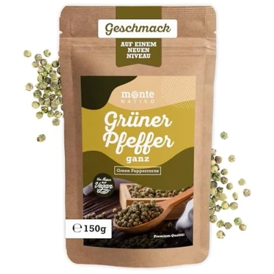 Abbildung von Grüner Pfeffer Monte Nativo (150g) Grüne Pfefferkörner Premium Qualität ganz ideal für Pfeffermühle Schonend getrocknete Gewürze Green Peppercorns