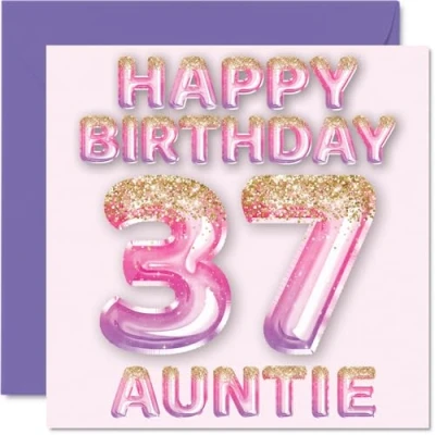 Abbildung von Stuff4 Geburtstagskarte zum 37. Geburtstag für Tante rosa &amp; lila Glitzerballons Happy Birthday Karten 37 Jahre alte von Neffe Nichte, 145 mm x