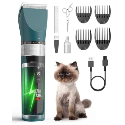 Abbildung von oneisall Schermaschine Katze Leise, Profi Haarschneidemaschine für langhaarkatzen, 5 Geschwindigkeiten Katzenrasierer mit LCD Display, IPX6 Wasserdicht, Einfache Reinigung (Grün)