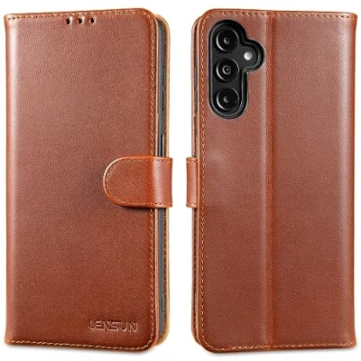 Abbildung von LENSUN Echtleder Hülle für Samsung Galaxy A14, Handyhülle [Echtes Leder][Kartenfach][RFID Schutz][Klappbar] Handytasche Lederhülle A14 4G/5G Dunkelbraun