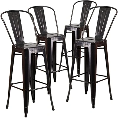 Abbildung von Flash Furniture Metall Barhocker, bunter Restaurant verzinkter Stahl, Kunststoff, schwarz antikgoldfarben, 4 Stück
