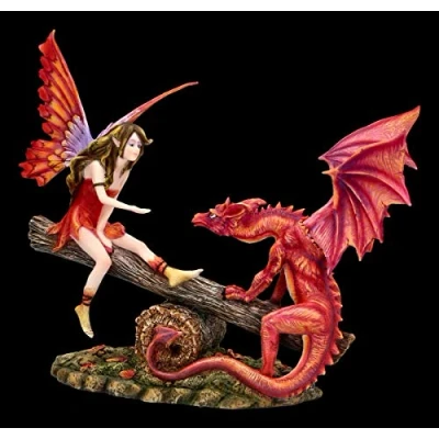 Abbildung von Elfen Figur auf Wippe mit roten Drachen Fee, Fairy, Engel, Deko Figur, Artikel, Statue, Skulptur, H 23,5 cm