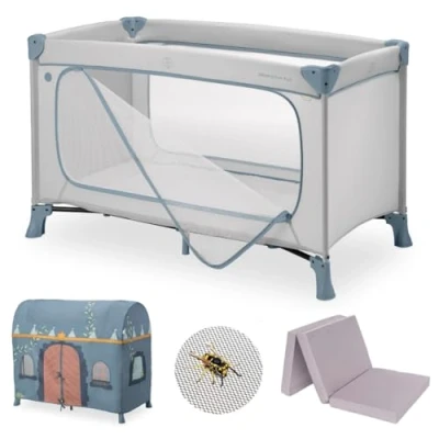 Abbildung von hauck Kinderreisebett Dream N Play Plus XXL Zubehörpaket mit Matratze, Spielzelt &amp; Insektenschutz, faltbar klappbar, Tasche großem Eingang Dusty Blue