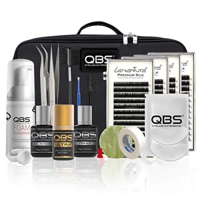 Abbildung von QBS Wimpernverlängerungs Starter Kit Professionelles mit Loventure Seidenwimpern, Pinzette, Wimperntuschenstäben, Mikrobürste, Jadestein und Gel Pads