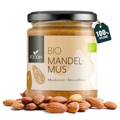 Abbildung von FOODIN Bio Mandelmus braun im Glas, Mandelbutter, ausgezeichnete Protein und Fettsäurenquelle, 100% biologisch, glutenfrei vegan (250g)