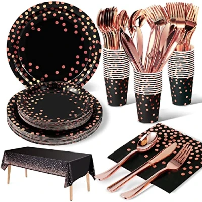Abbildung von 141Stück Schwarzgold Partygeschirr,Partyzubehör Pappteller Set,Wiederverwendbar ​Papier Geschirr Set einschließlich Tischdecke Teller Becher Servietten zum Geburtstag,Hochzeiten,Jubiläums(20 Gäste)
