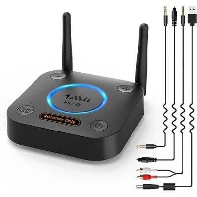 Abbildung von 1Mii Großer Reichweite Empfänger, HiFi Kabelloser Audio Adapter, aptX Low Latency Bluetooth 5.1 Receiver mit 3D Surround für Stereoanlage Lautsprecher, Optisches Koaxial 3,5mm RCA AUX