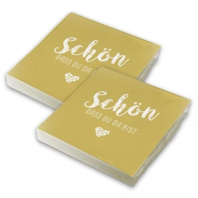 Abbildung von itenga Servietten Schön dass du da bist 30 x 30cm 3 lagig 40 Stück für Kommunion Konfirmation Hochzeit Taufe und andere Feiern (currygelb)