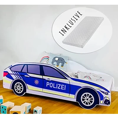 Abbildung von Kids Collective Autobett Kinderbett Jugendbett Polizei 70x140, 80x160 cm mit Rausfallschutz, Polizeiauto Polizist Kinder Spielbett, Matratze, 160x80