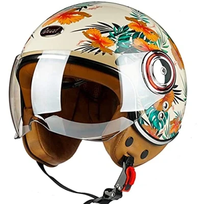 Abbildung von STTTBD Mattschwarz/Blume · Vespa Jethelm mit offenem Gesicht Herren und Damen Motorrad Roller Halbhelme Jet Pilot Motor Retro Chopper Cruiser Vintage Moped Helm DOT/ECE Zulassung A,L