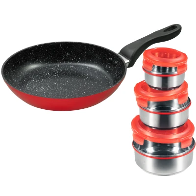Abbildung von KING Bratpfanne, Aluminium, (Set, 7 tlg., 1 Pfanne, 3 Vorratsdosen, Deckel), Ø 28 cm, formstabiler Thermoboden, Induktion, Keramikbeschichtung