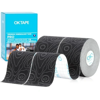 Abbildung von OK Tape Pro Kinesiologie (5cm x 5m) Wasserfestes Hautfreundliche elastisches Kinesiotape für Knieschmerzen, Ellenbogen und Schulter (2 Rollen,Schwarz)