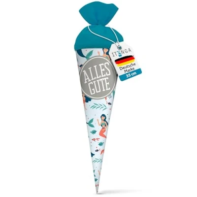 Abbildung von itenga Geschwisterschultüte 35 cm Tiere Pflanzen Muster Geschenkverpackung Schultüte Zuckertüte Filzverschluss Kinder Erwachsene (Meerjungfrauen mit Text)