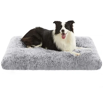 Abbildung von Feandrea Hundebett, Hundekissen, Flauschige Hundematte, Langer Plüsch, 110 x 73 cm, weiche Polsterung, waschbar, multifunktional, Ombré Grau PGW203G01