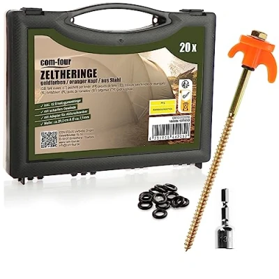 Abbildung von com four® 20x Zeltheringe, robuste Stahl Heringe mit Gewinde und Seil Halterung, Felsboden Erdnägel für Camping, Box Zelthaken harten Boden Holz