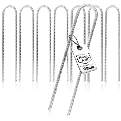 Abbildung von com four® 8X XL Bodenanker aus massivem Stahl, U Form 38 cm, Ø 1 cm verzinkte Erdanker für Zelt, Pavillon, Hüpfburg, Trampolin, auch als Bewehrungsstab den Boden, stabil &amp; rostfrei